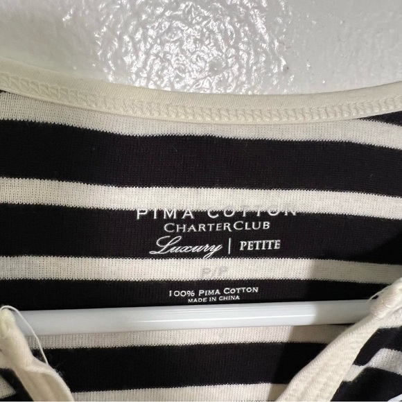 Charter Club Pima Cotton Split Neck Top Black Cream Stripes P - Picture 8 of 9